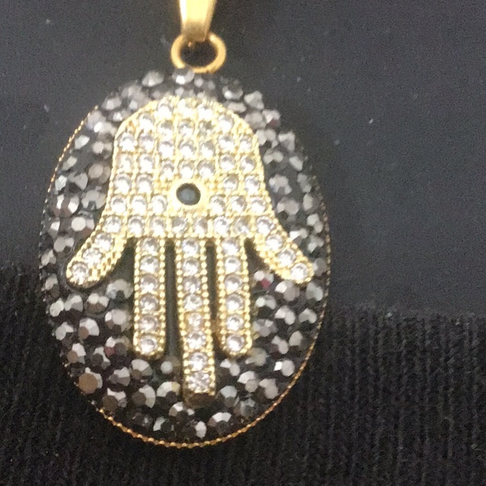 Hamsa Sparkly Set of Gold Stainless Necklace & Pierced Earrings w/ Rhinestones.